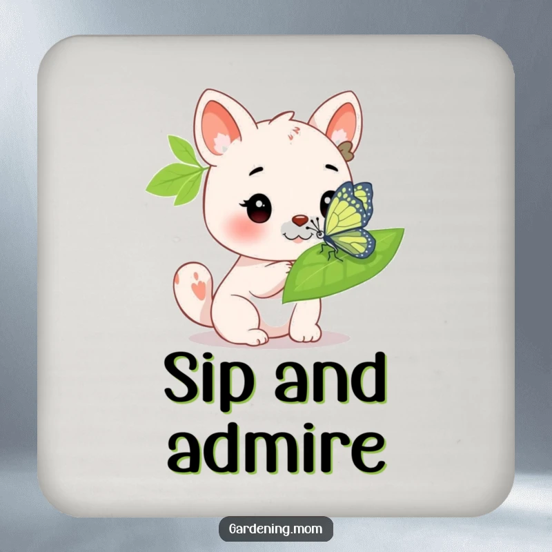 Funny Coaster: An animal character admiring a bright butterfly on a leaf, adding a touch of nature and protection.