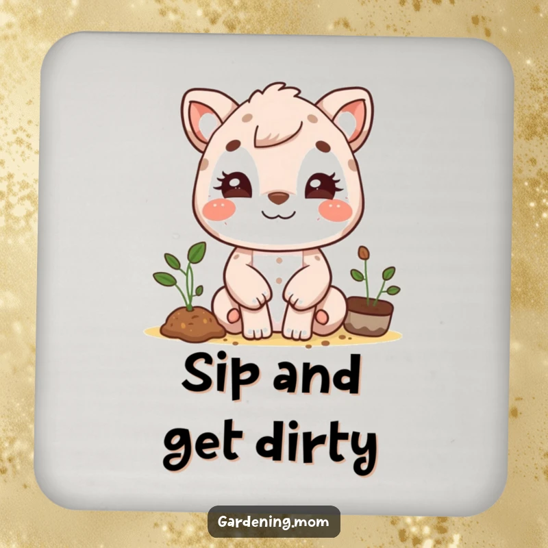 Funny gardening mom animal drink coaster design: a cheerful animal mom with dirt smudges on her face, a happy gardener.
