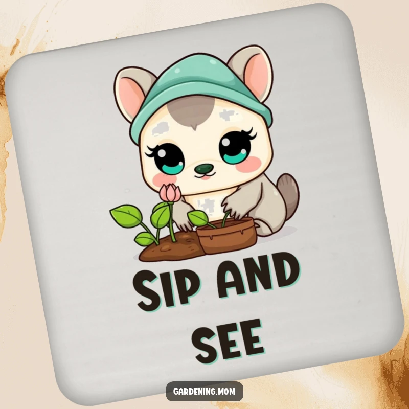 Funny Kawaii Gardening Animal Coaster: A cute animal with large eyes looking at a sprouting plant, perfect for table protection.