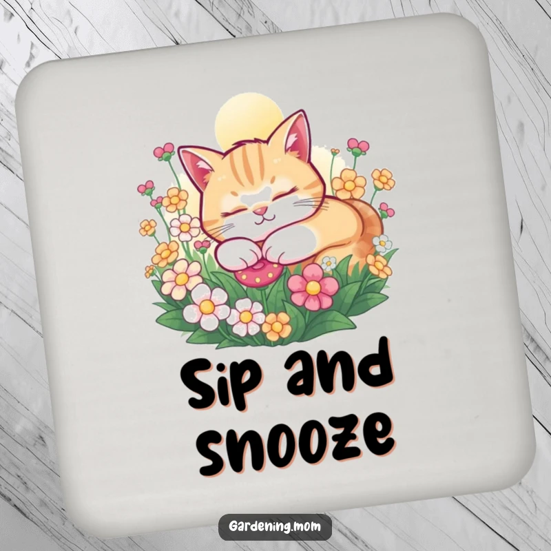 Funny Cat drink coasters showcasing a contented cat snoozing peacefully in a sunny flower bed, protecting surfaces with cute humor.