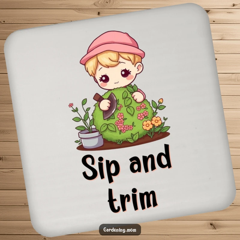 Funny Kawaii Gardener Coaster: Adorable character gently pruning a bush with focus, offering charming protection.