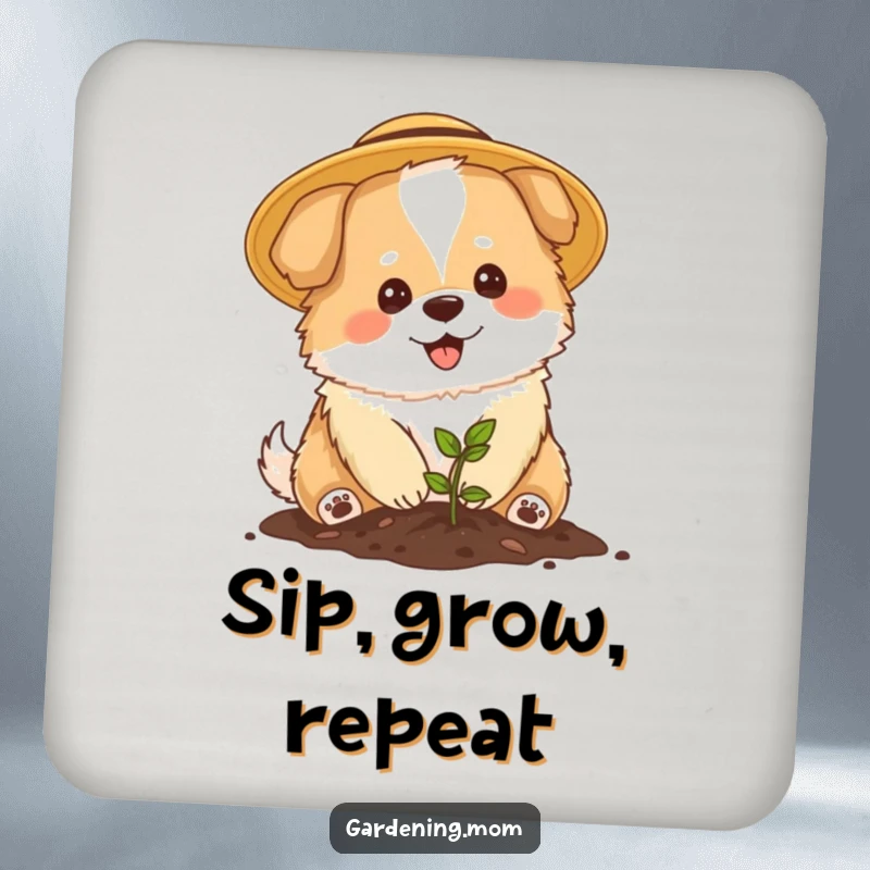 Funny Mama Dog Gardener Coaster: A fluffy mama dog with a sun hat plants a seedling, protecting surfaces with charm.
