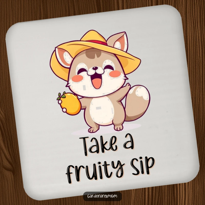 Funny drink coaster featuring an excited animal in a sun hat reaching for fruit, adding a whimsical touch of summer.