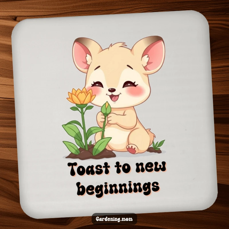 Funny drink coaster with a cute gardening mom animal examining a new bud, preventing rings and adding a touch of wonder.