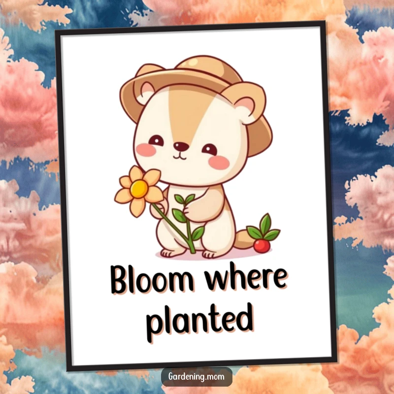 Funny cute animal character in a gardening hat holding a vibrant blooming flower, displayed as decorative wall art on a poster.