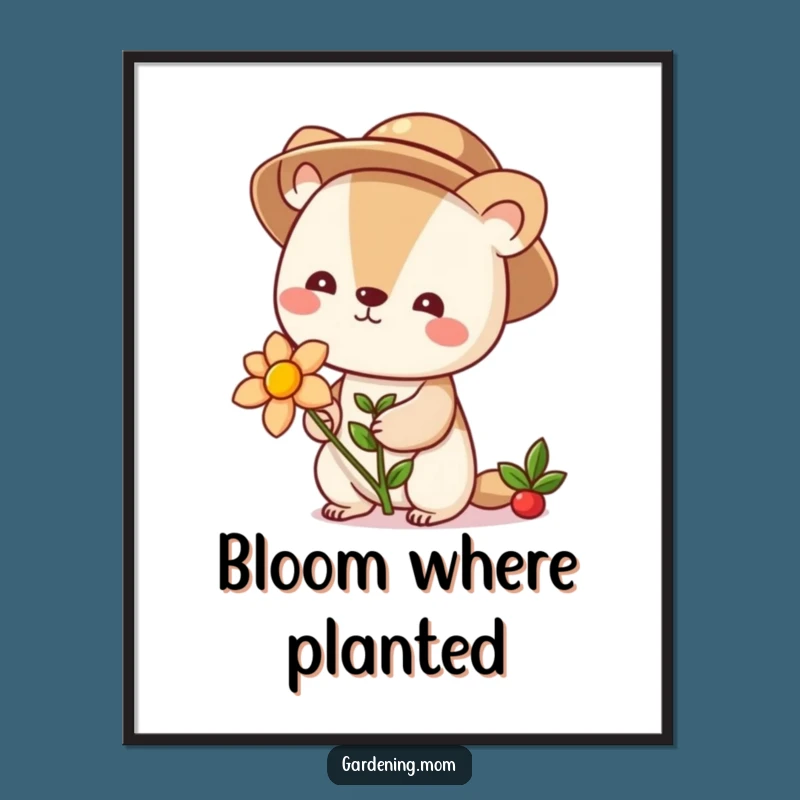 Funny Cute Gardener Animal Poster: Blooming Flower Wall Art for Joyful Decor