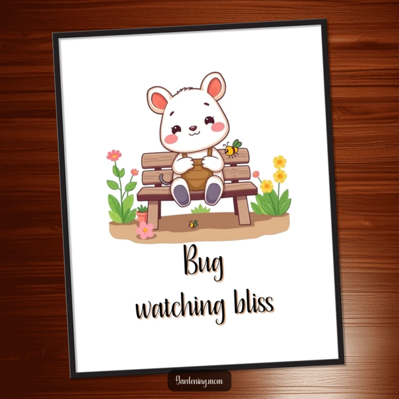 Funny gardening animal poster: a cheerful critter sits on a garden bench, happily admiring a small bug, adding a touch of natural charm.