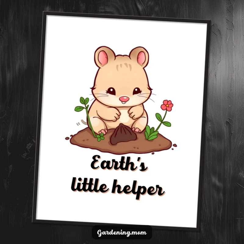 Funny Kawaii Gardening Animal Poster Happily Digging in Soft Earth with Small Paws, Cute Wall Decor.