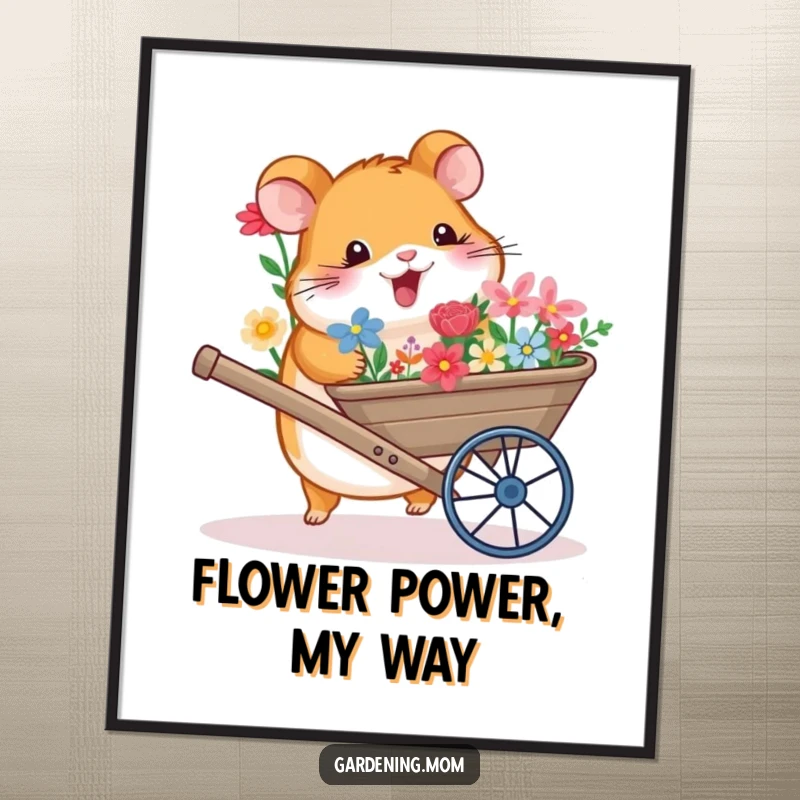 Funny poster of a happy hamster pushing a garden wheelbarrow brimming with a beautiful assortment of colorful flowers.