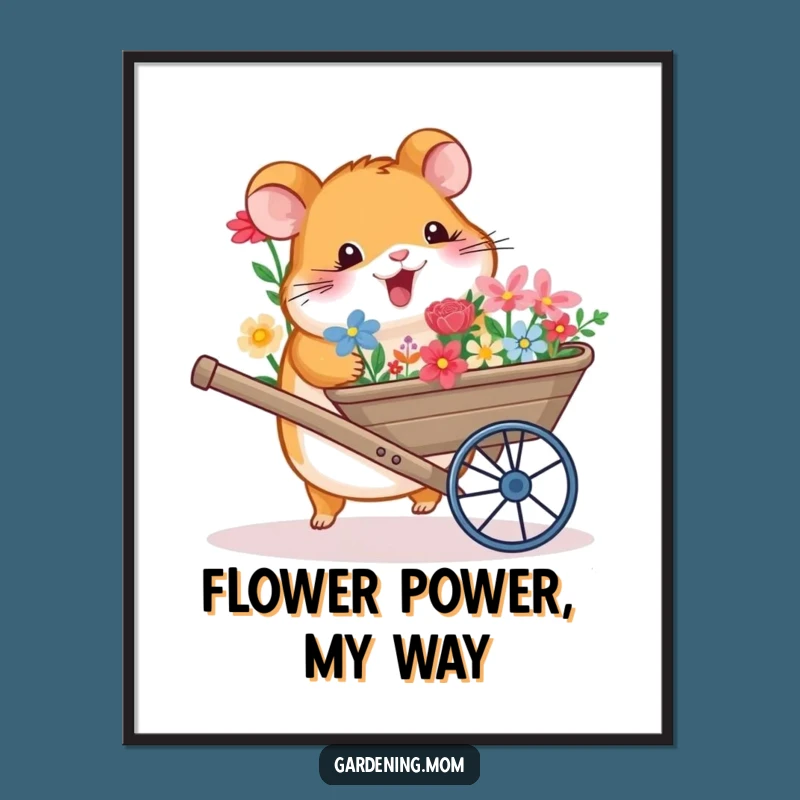 Funny Hamster Wheelbarrow Flowers Poster: Adorable Garden Art for Your Walls