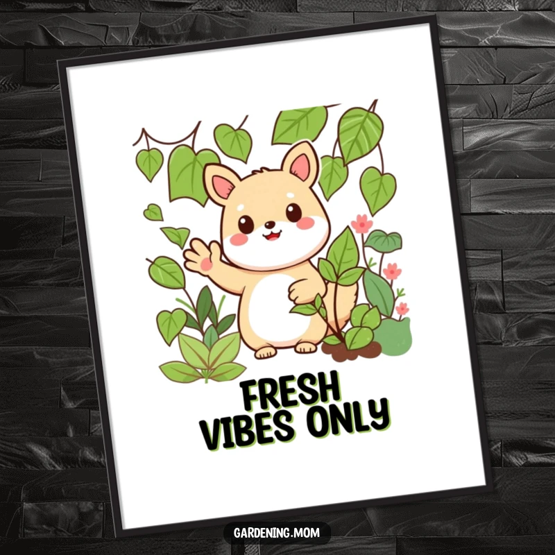 Funny Kawaii Gardening Animal Poster Waving Hello Amidst Leafy Greens, Cheerful Wall Decor, Artistic Touch.