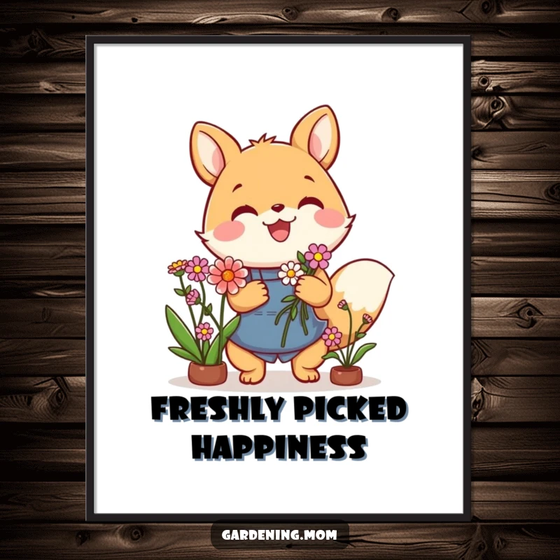Funny poster of a cheerful gardening animal character presenting a gorgeous bouquet of flowers, adding artistic joy.