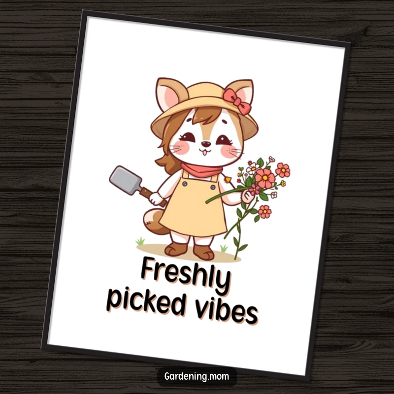 Funny poster showcasing a proud gardening mom animal holding a trowel and a vibrant bouquet of flowers, adding charm to decor.