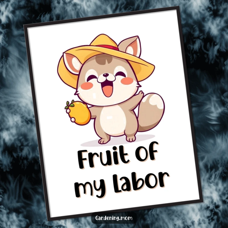 Funny poster illustration of an excited animal in a sun hat reaching for a ripening piece of fruit, evoking summer delight.
