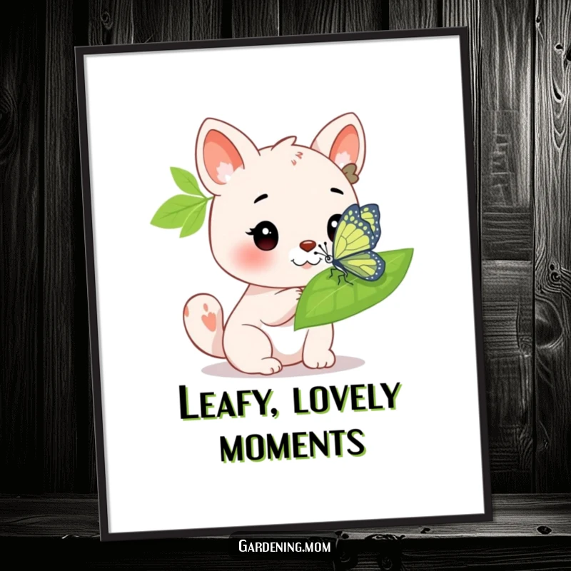 Funny Poster: An animal character admiring a bright butterfly on a leaf, capturing a moment of gentle fascination.