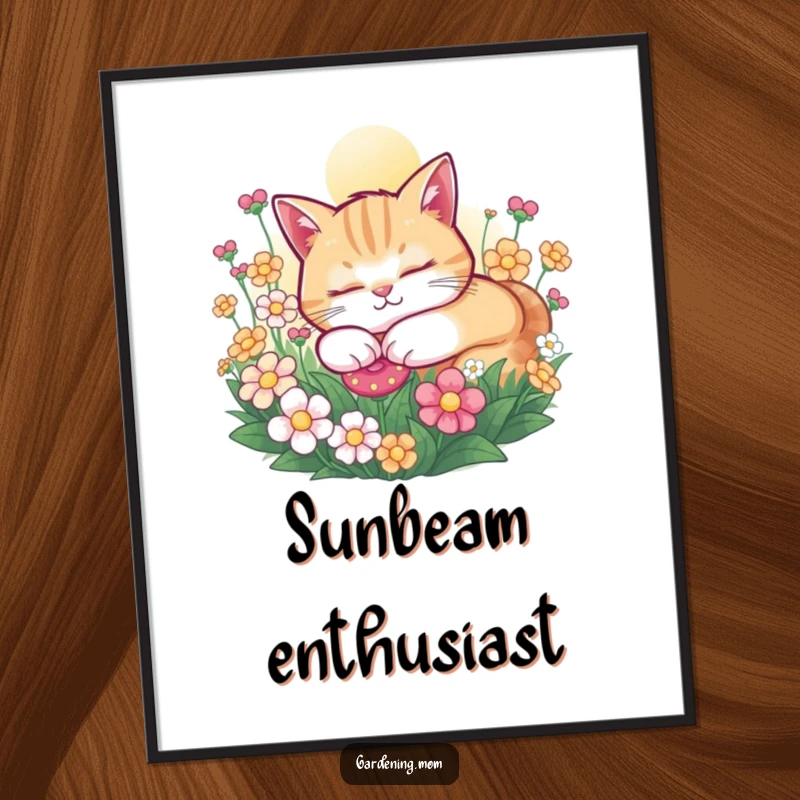 Funny Cat poster capturing a contented cat snoozing peacefully in a sunny flower bed, ideal for serene and cute wall art.