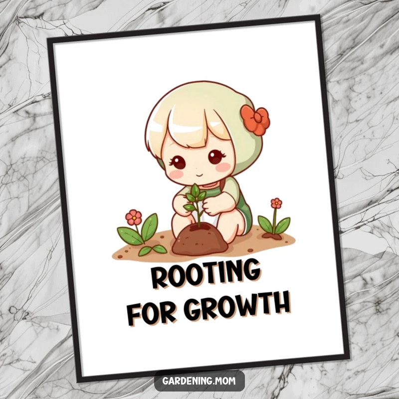 Funny poster art of a cute gardening character tenderly planting a tiny seed, evoking a sense of peace and growth.