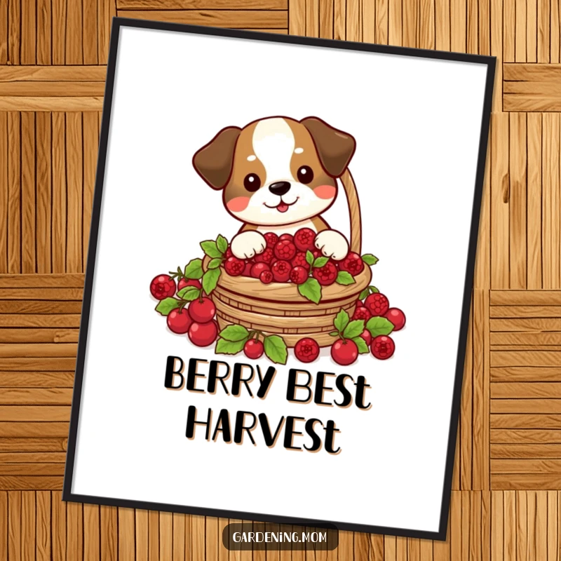 Funny poster depicting a dog joyfully harvesting a basket of red berries, celebrating nature's sweetness and humor.