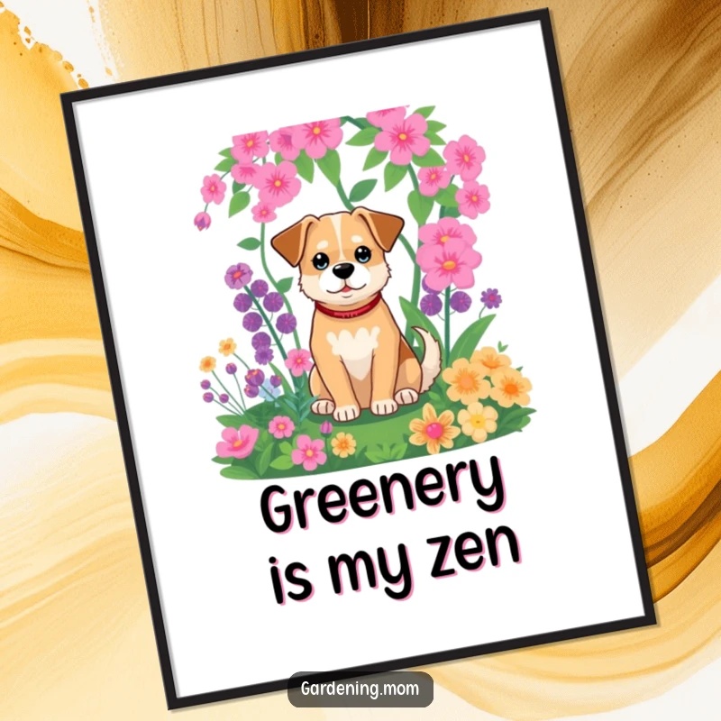 Funny poster of a relaxed dog sitting peacefully in a vibrant, green garden, offering a serene and humorous scene.