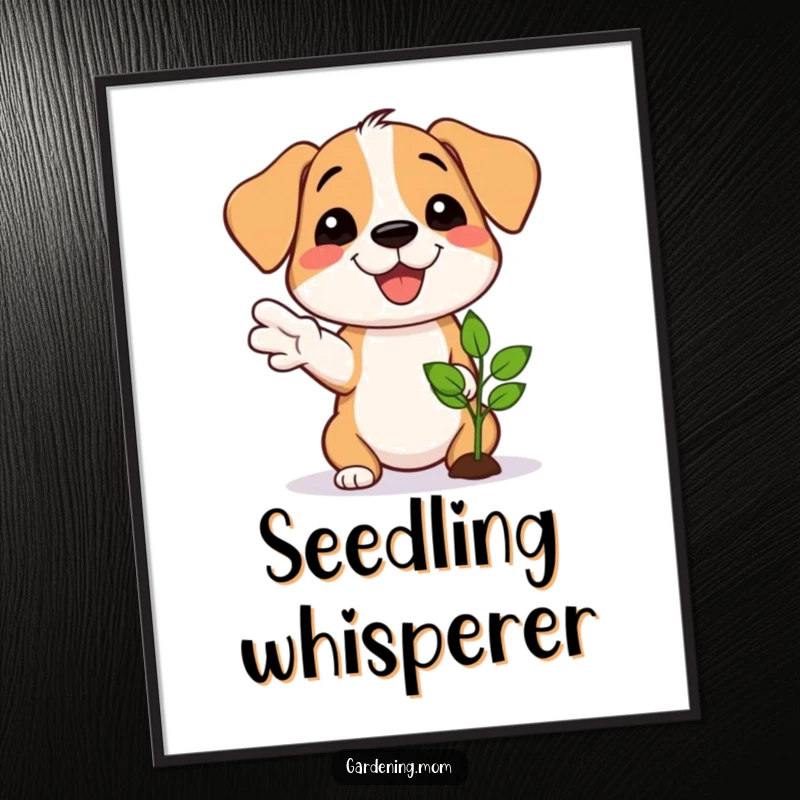 Funny poster of a proud dog smiling, gesturing towards a newly sprouted seedling, celebrating nature's small miracles.