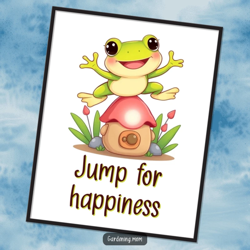 Funny Frog jumping poster depicting a playful frog leaping over a small garden gnome, ideal for humorous and charming wall art.