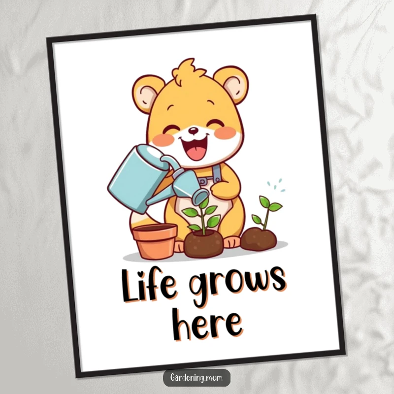 Funny gardening animal poster: a delighted critter joyfully waters a tiny green sprout with a watering can, adding a touch of animated humor to walls.