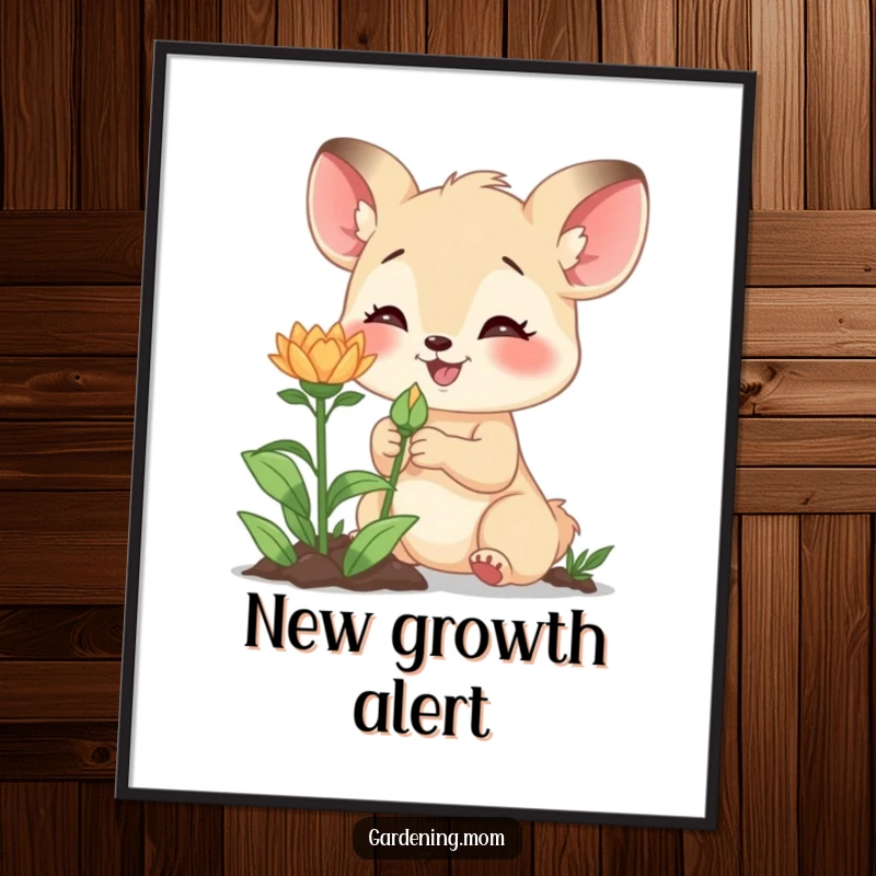 Funny poster showcasing an excited gardening mom animal examining a new bud, adding anticipation and charm to decor.