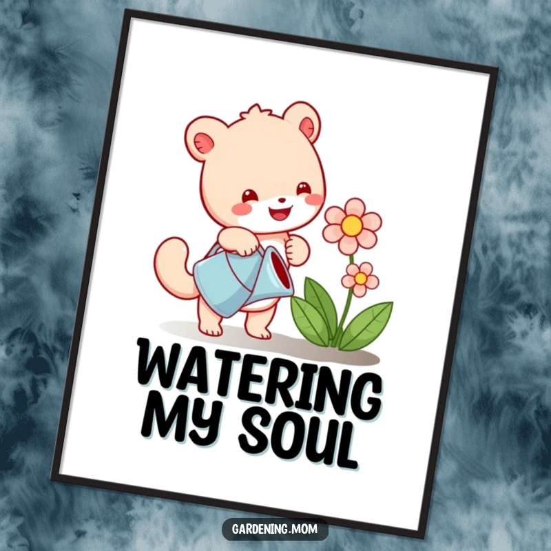 Funny poster illustrating a cheerful animal character watering a blossoming flower, creating a whimsical and heartwarming garden scene.