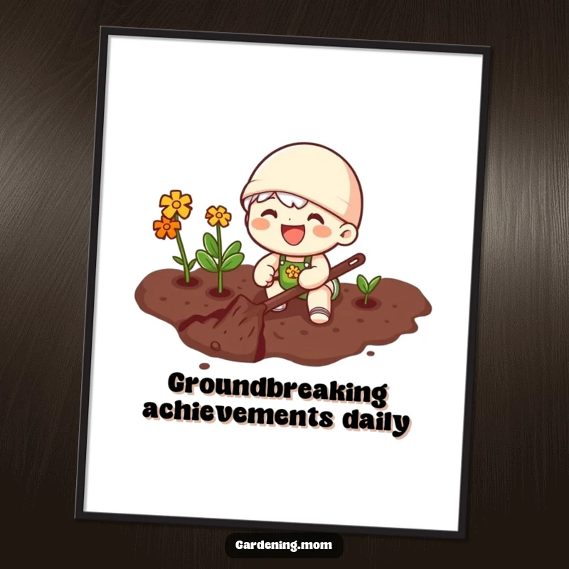 Funny poster art of a joyful gardening character happily digging in rich soil, conveying energy and a love for cultivation.