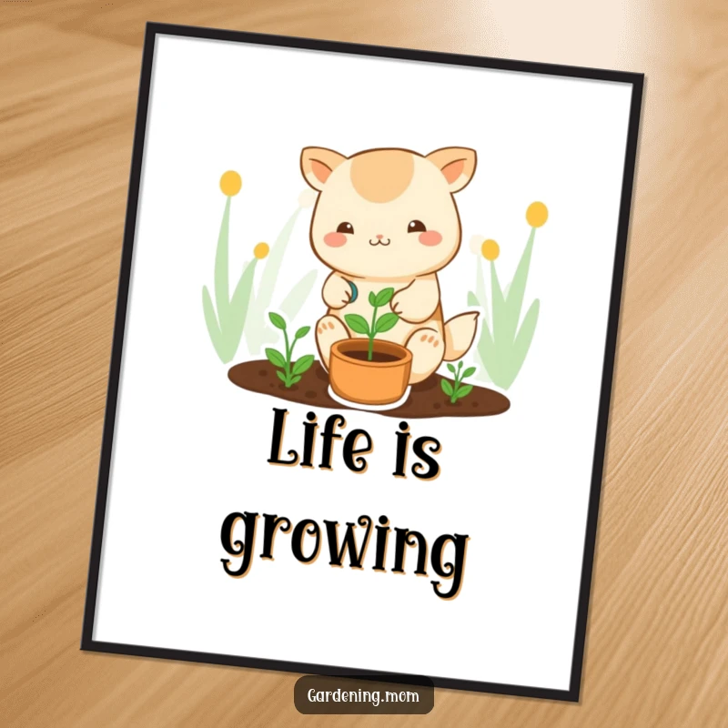 Funny kawaii gardening poster of a cute animal character tenderly watering a sprout, adding charming and humorous decor.