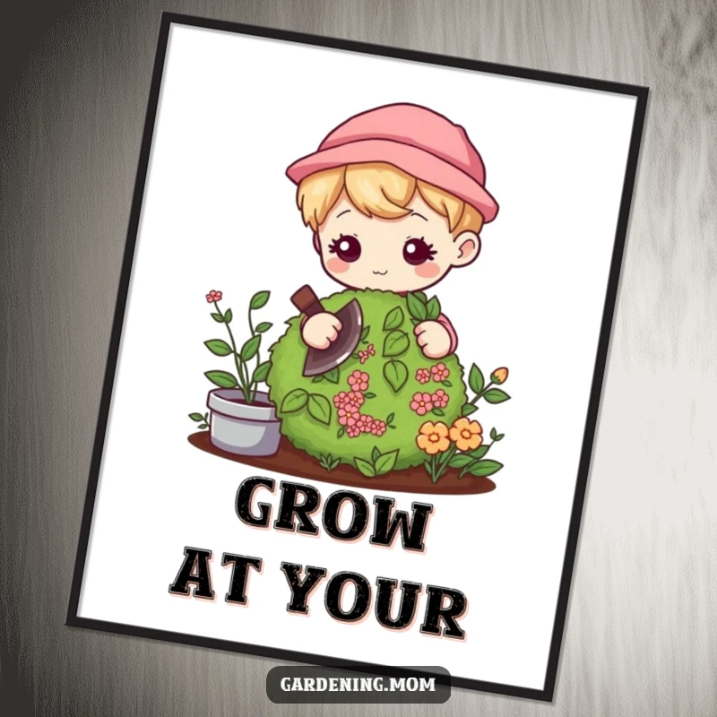 Funny Kawaii Gardener Poster: Cute character gently pruning a bush with focus, adding serene humor as a funny gift.