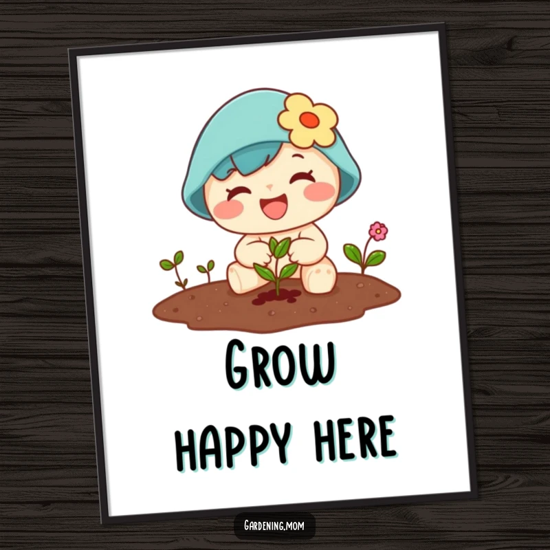 Funny Kawaii gardener poster showcasing a character joyfully planting a tiny seed, with little sprouts nearby.