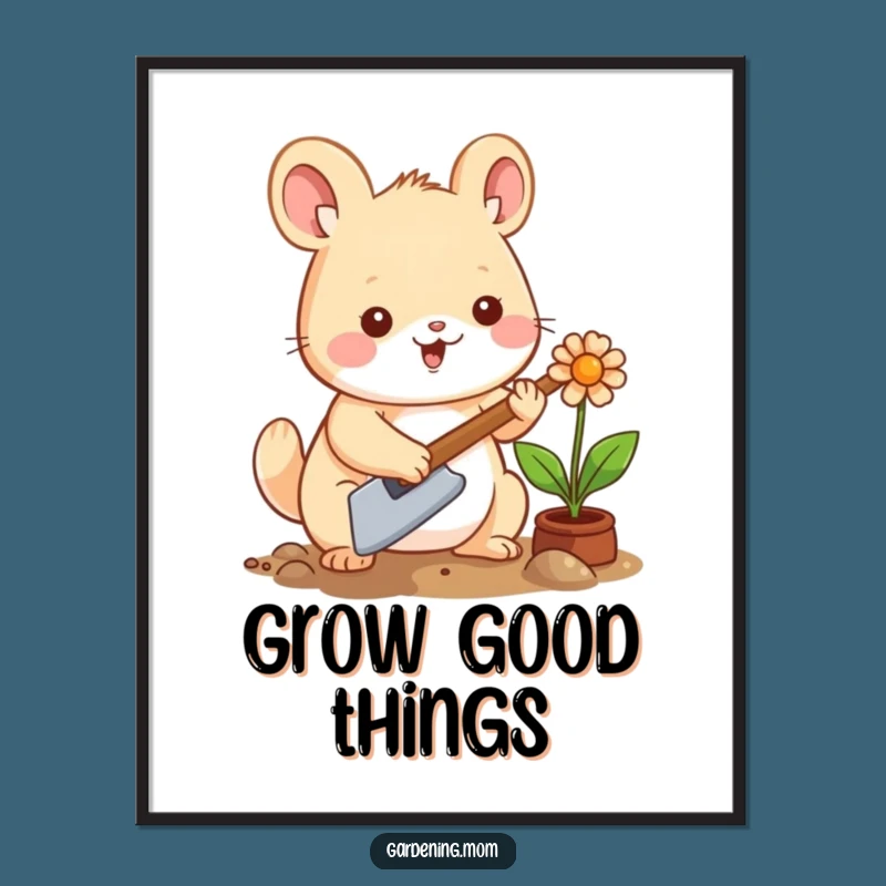 Funny Kawaii Gardening Animal Poster: Happy Planter Art, Joyful Wall Decor