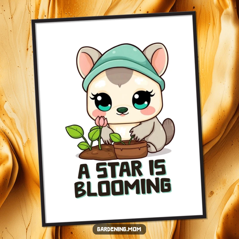 Funny Kawaii Gardening Animal Poster: Charming wall art depicting a wide-eyed animal marveling at a delicate, blooming sprout.