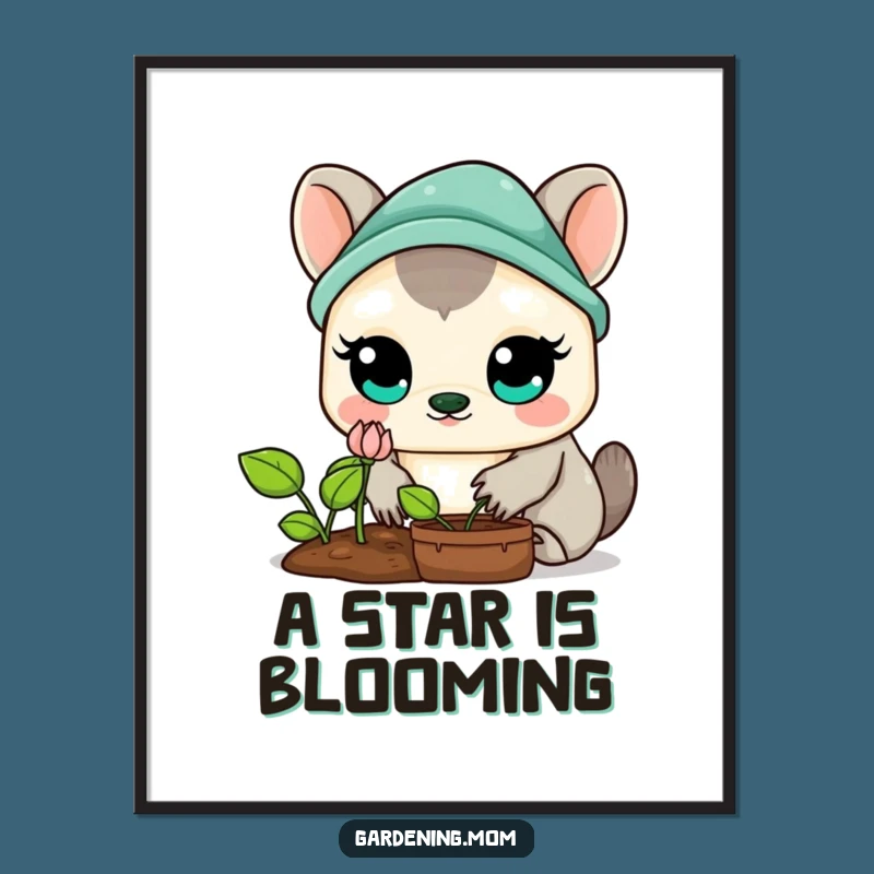 Funny Kawaii Gardening Animal Poster: Sprout Admiration Art, Whimsical Decor