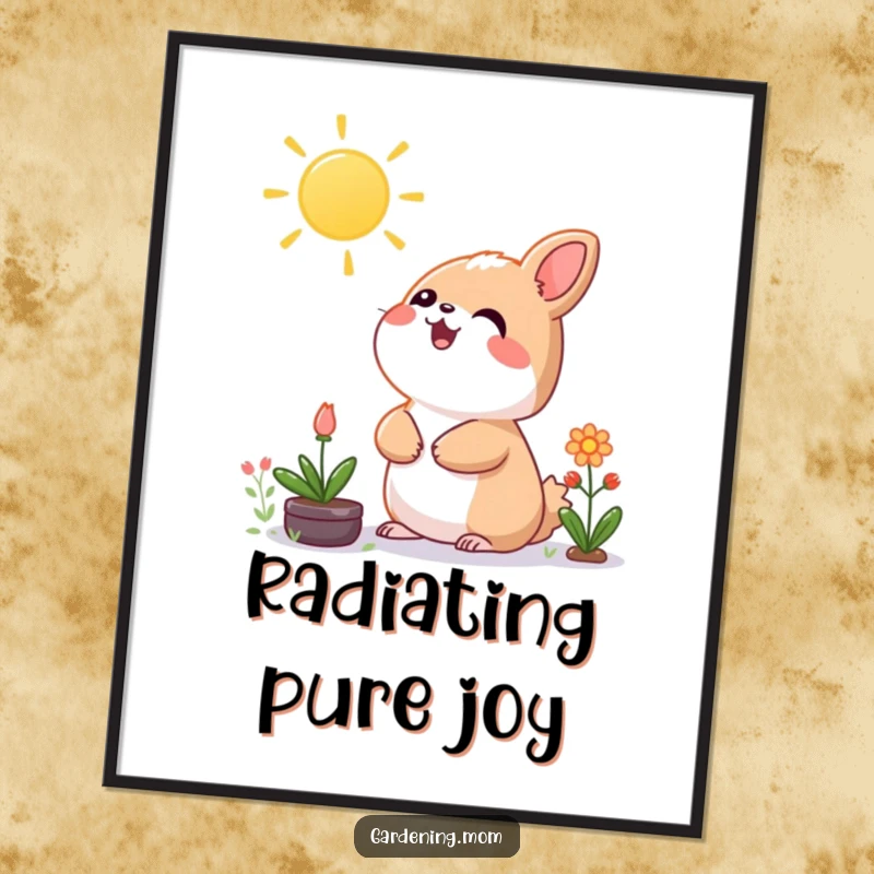 Funny Kawaii Gardening Animal Poster Looking Up with Glee at Sun, Cheerful Wall Decor, Artistic Touch.