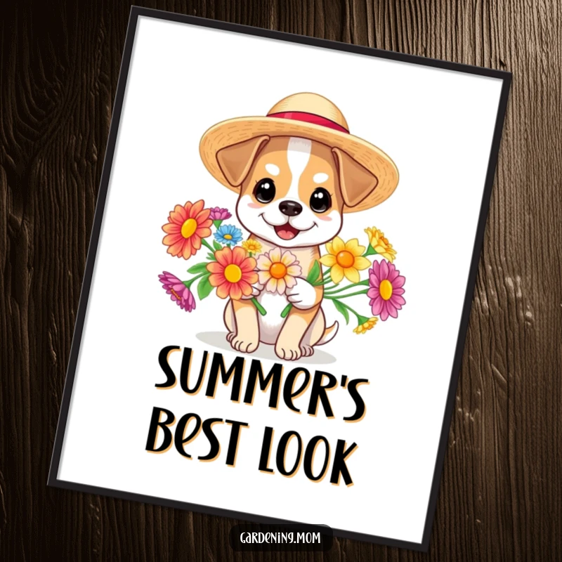 Funny dog wearing a sun hat and holding colorful flowers, vibrant wall art, cheerful and humorous, funny gift.