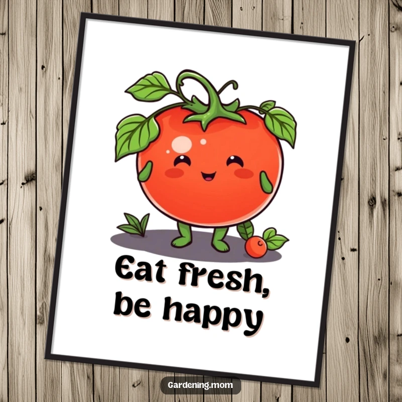 Funny poster of a cheerful gardening animal character presenting a juicy tomato, adding fresh appeal to any room.