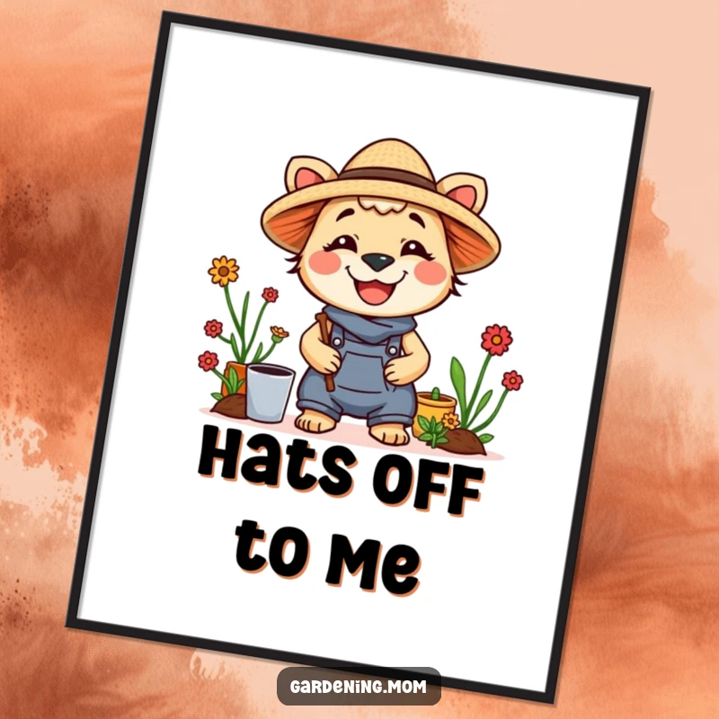 Funny poster showcasing a cheerful gardening mom animal wearing a straw hat and a wide smile, adding warmth and humor to decor.