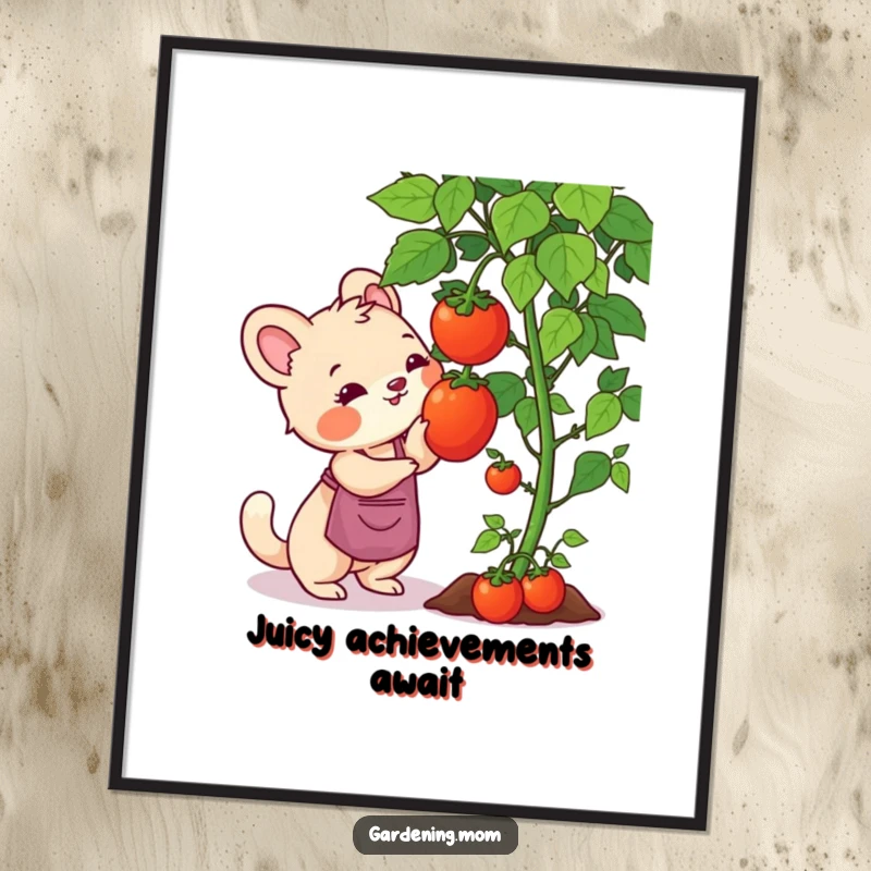 Funny gardening mom animal poster art shows an animal mom reaching for a plump, ripe tomato on the vine, celebrating the harvest.