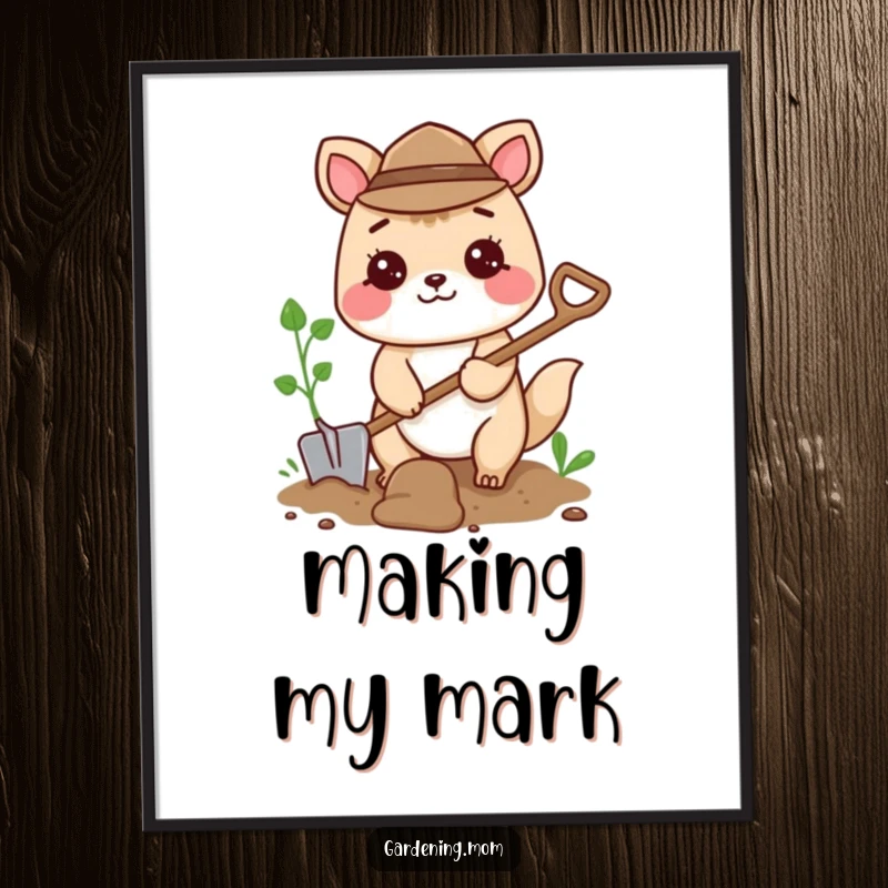 Funny poster of a cheerful gardening animal character digging diligently with a small shovel, adding playful energy.