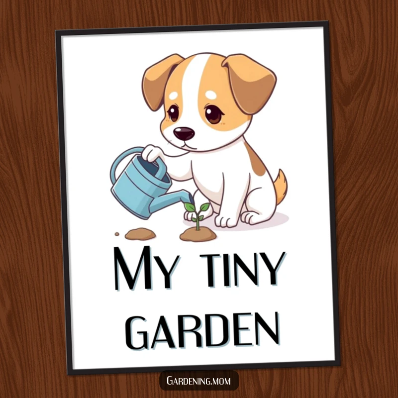 Funny dog looking hopeful while watering a tiny sprout with a watering can, heartwarming art, funny gift.
