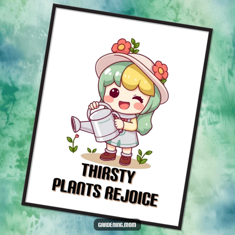 Funny Poster: A cute kawaii gardening character joyfully holds a watering can, bringing life and color.