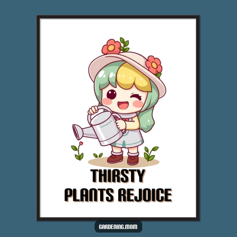 Funny Kawaii Gardener Poster: Watering Can Character Wall Art Gift