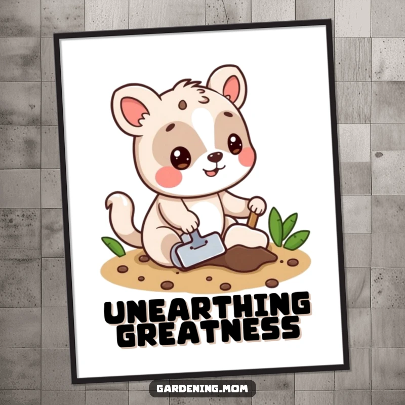 Funny poster illustration of an energetic animal character digging in rich soil with a trowel, capturing the joy of gardening.