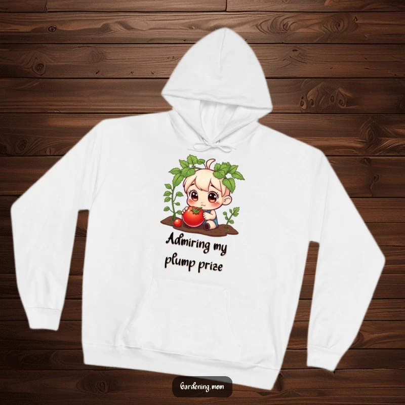 Funny hoodie showing a curious gardening character examining a ripe, plump tomato, celebrating the joy of homegrown vegetables.