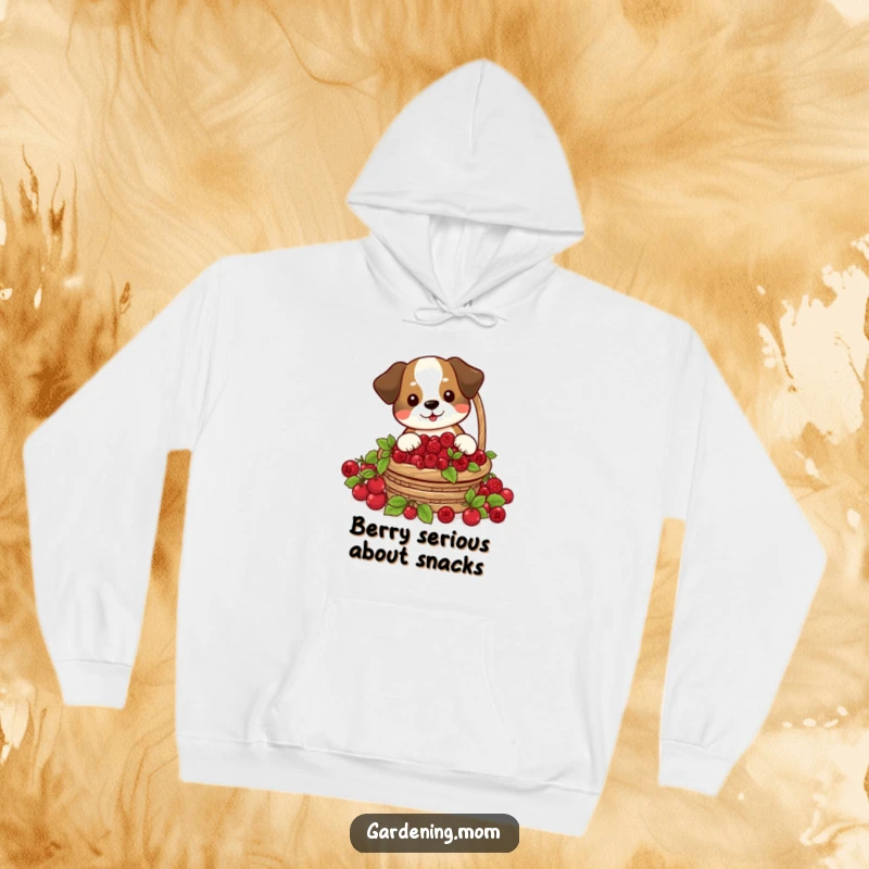 Funny hoodie featuring a happy dog harvesting a basket full of red berries, embodying a cheerful forager.