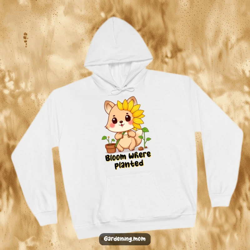 Funny gardening animal character holding a giant sunflower aloft, exuding pride and garden accomplishment.