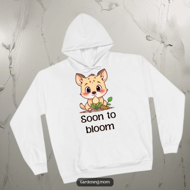 Funny curious animal character with wide eyes looking at a sprouting seed, on a warm and cozy hoodie.