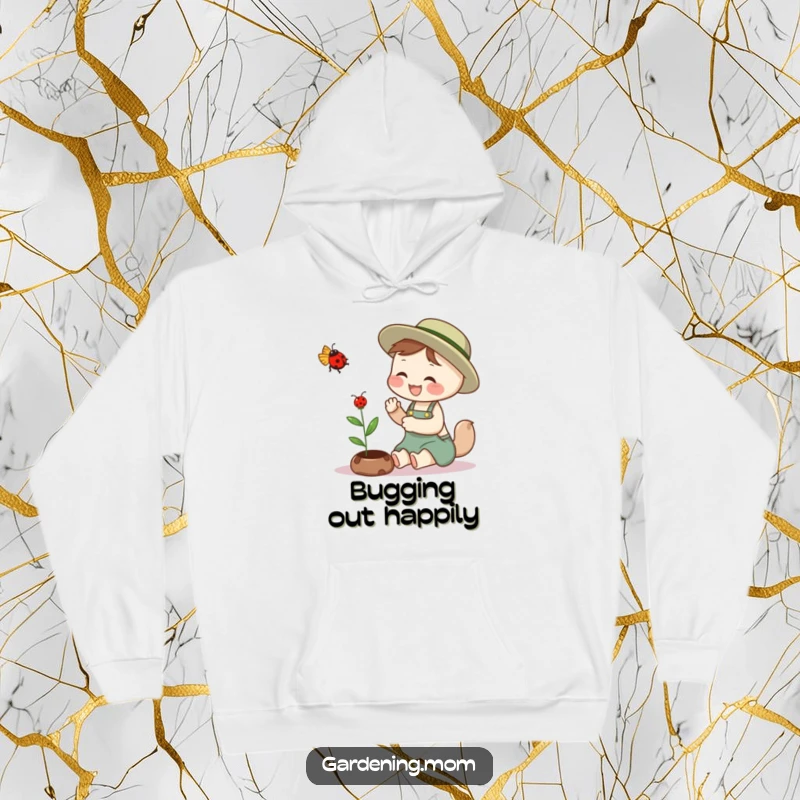 Funny gardening mom animal hoodie graphic: an animal mom giggling sweetly while gently petting a hovering ladybug.